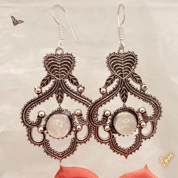 Unique Rose Quartz Gemstone Handmade Antique Style Halo Earrings - Picture 2 of 4